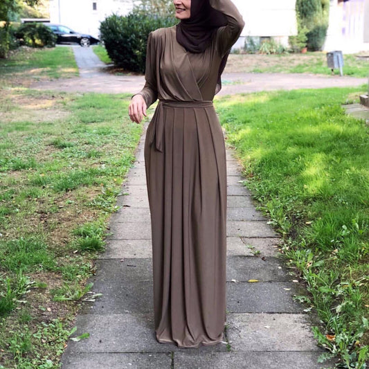 European And American New Style Abaya Dress V-neck Folds And mMopping Floor Skirt