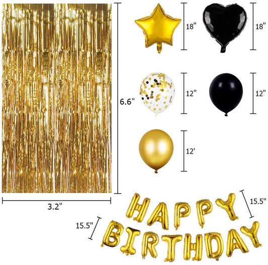 Black Gold Happy Birthday Letter Balloon Rain Silk Set Golden Birthday Letter Balloon Baby Party Decoration