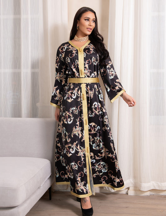 Printed Long Belt Dress Ramadan New Dubai Muslim Women