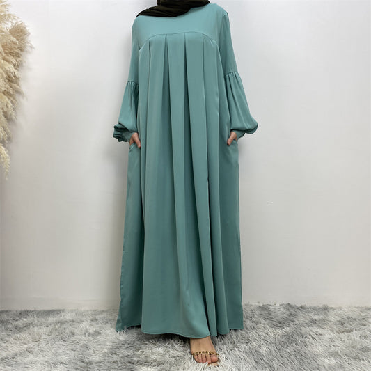 Muslim Solid Color Pleated Round Neck Dress