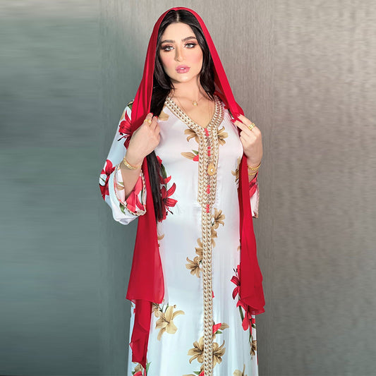 Arabian Women's Printed Dress Lace Webbing