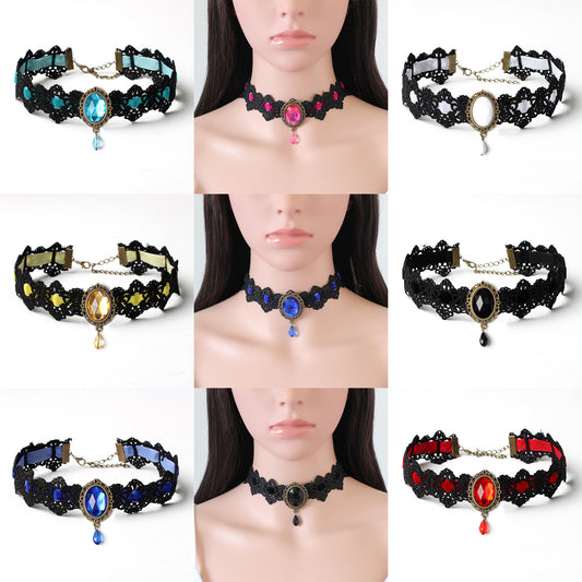 Halloween Costume Accessories Set Seven-color Necklaces Ethnic Style Accessories Gothic Choker Lace Collar Vintage Gem Clavicle Chain
