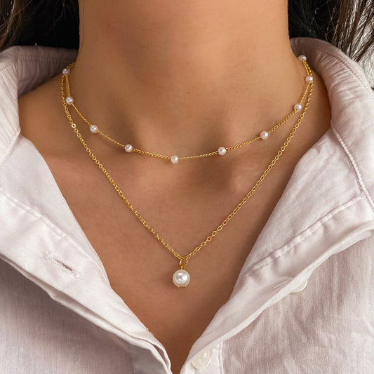 Women's Pearl Tassel Pendant Double-layer Necklace
