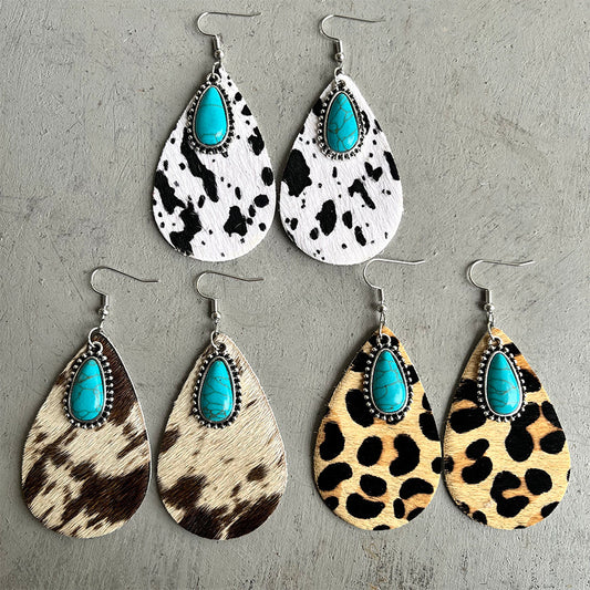 Western Animal Grain Cowhide Water Drop Turquoise Metal Leopard Print Earrings