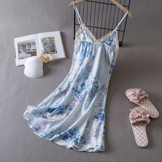 Summer Pajamas Women's Thin Ice Silk Slip Nightdress Lace Edge Printed Homewear With Chest Pad
