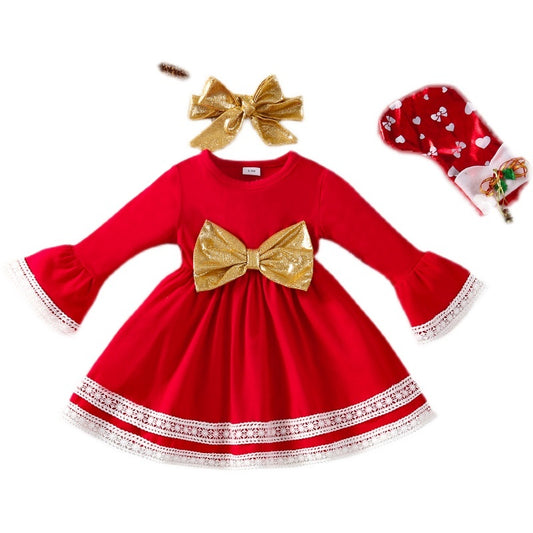 Baby Girls Red Dress Christmas Outfit Headband Bow
